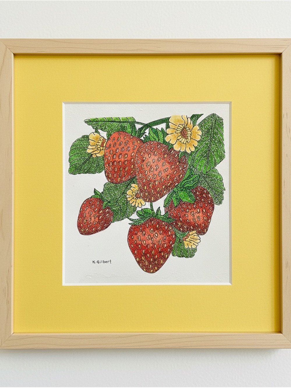 Strawberry Botanical Dot Painting – Original Watercolor (12x12) - Picture 3 of 3